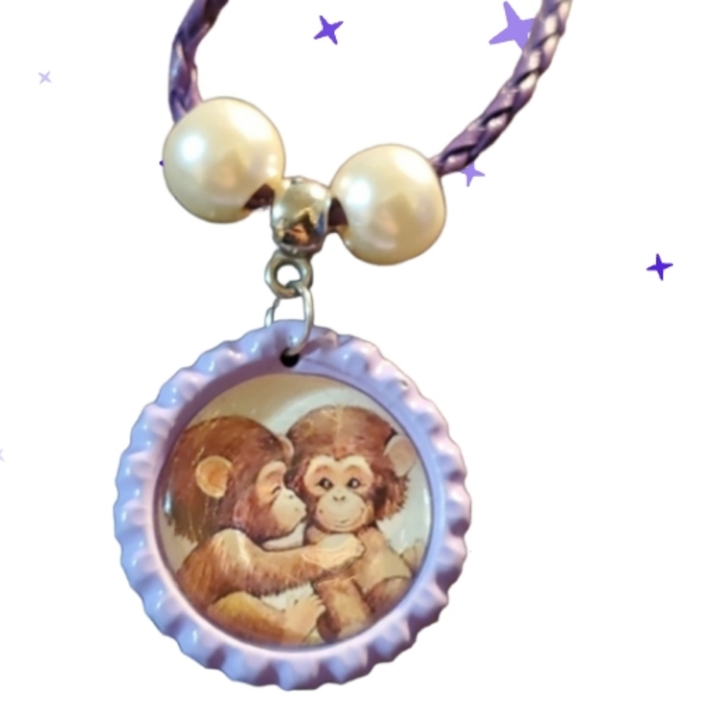 Handmade monkey bottle cap necklace,  new